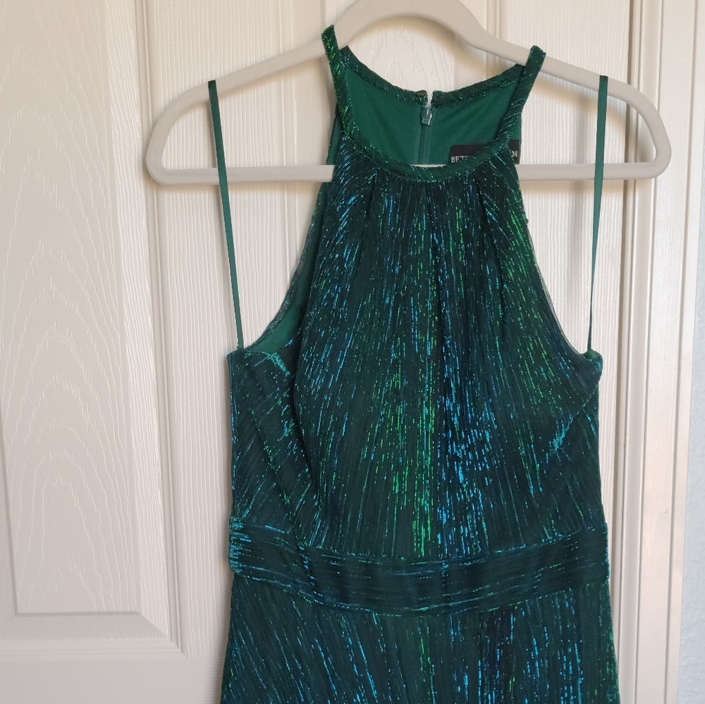 Betsy & Adam Metallic Crinkle Halter Gown